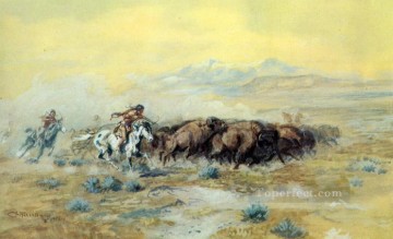 die Büffeljagd 1903 Charles Marion Russell Indianer Ölgemälde